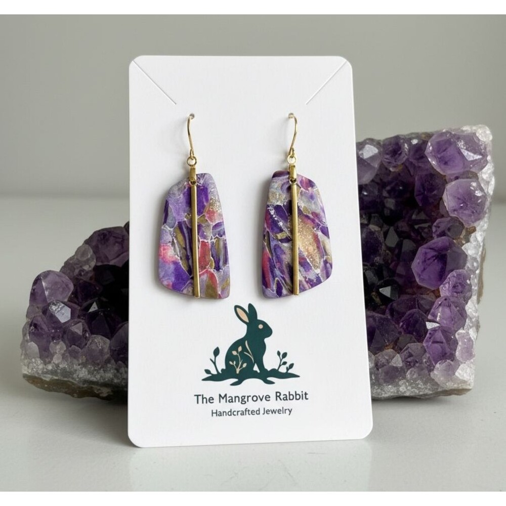 Handmade Purple Pink Gold Marble Polymer Clay Amethyst Inspired Dangle Earrings